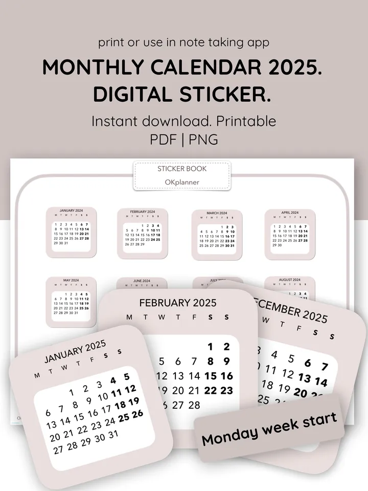 Digital monthly calendar 2025 sticker. Planner journal sticker. Student sticker calendar. 12 month sticker calendar. Monday week start