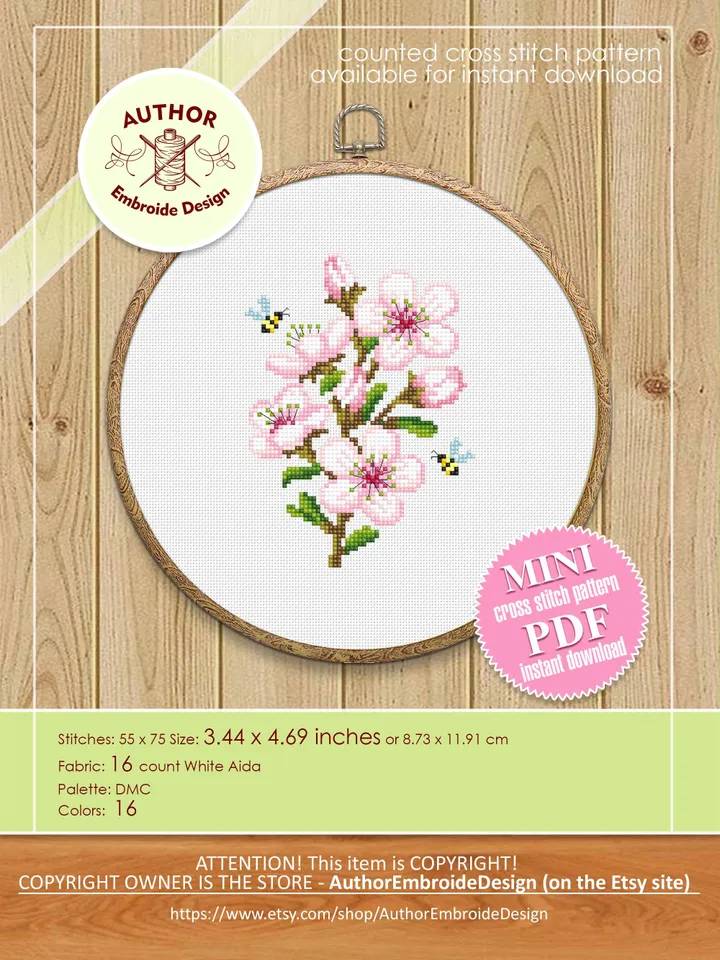 Small cherry blossom cross stitch pattern PDF download Sakura flower cross stitch chart, Spring mini pattern digital PDF for beginner #P55