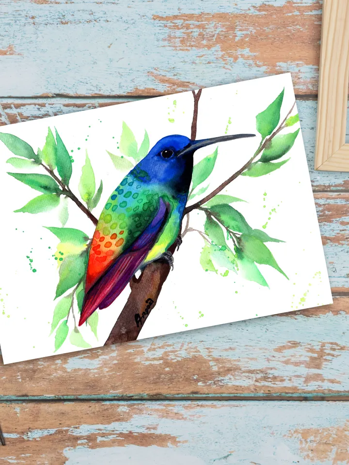 Colorful Hummingbird original watercolor, bird on the branch painting, colibri portrait room decor, 8x11 in wall art for bird lovers handmade by Anne Gorywine