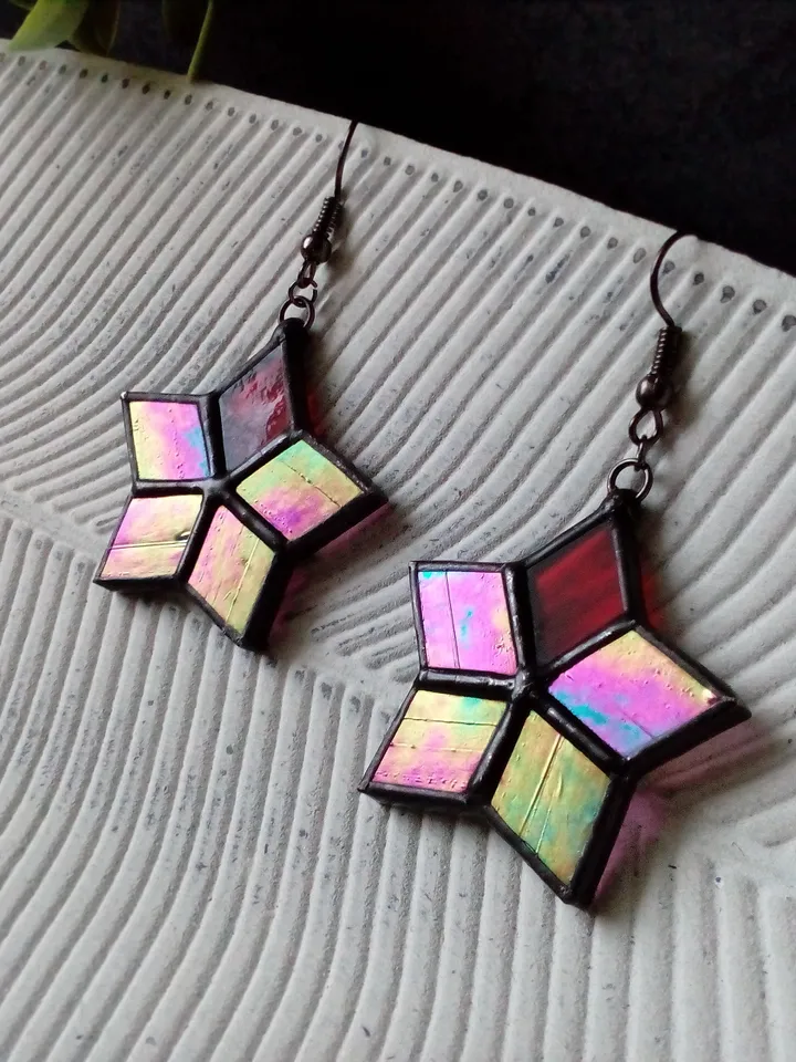 Star stained glass Iridescent earrings - Hoya flower geometric dangle earrings