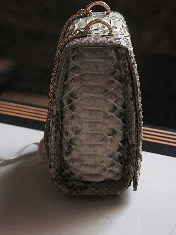 Genuine python skin classy crossbody bag / elegant classy snake print bag / designer gray purse / handbag with chain / classy shoulder bag