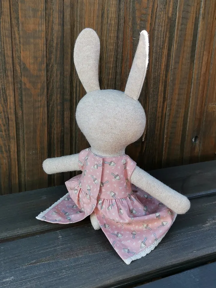 Beige bunny girl, handmade stuffed doll, fabric plush rabbit toy, wool animal doll