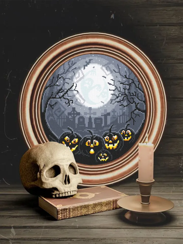 Scary Halloween cross stitch pattern download PDF, Full moon cross stitch chart, Halloween pumpkin cross stitch, Graveyard embroidery #H41