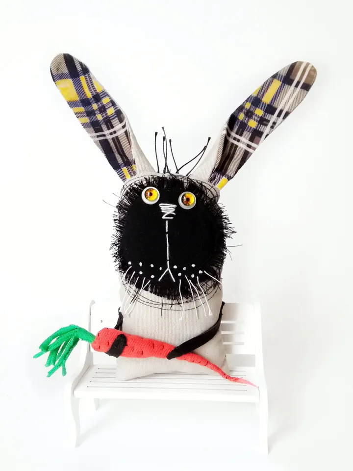 Handcrafted Quirky and Unique Fabric Art Bunnies: One-of-a-Kind Fun Delightful Interior Decor Toys with a Spooky Twist. FREE SHIPPING!