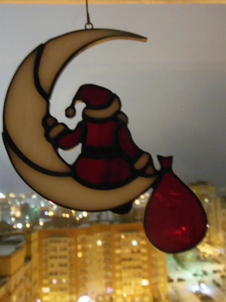 Santa Claus on the Moon . Idea for Christmas gift . Art stained glass window hanging Suncatcher , suspension Suncatcher . Red and White