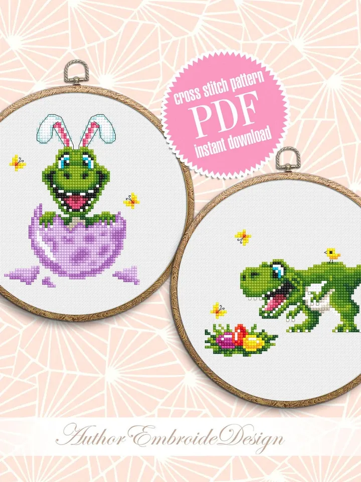 Funny dinosaur easter cross stitch pattern PDF download, Set of 2 small dinosaur cross stitch chart, Cute dino pattern digital PDF #T29