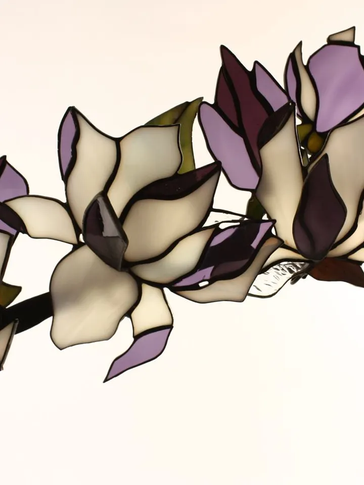 Purple Magnolia Branch. Tiffany-Style Stained Glass (3D Composition), Branch of Purple Magnolias. Tiffany-Style Stained Glass (3D Composition), Purple Magnolia Branch. 3D Tiffany-Style Stained Glass, Tiffany Stained Glass Branch with Purple Magnolias