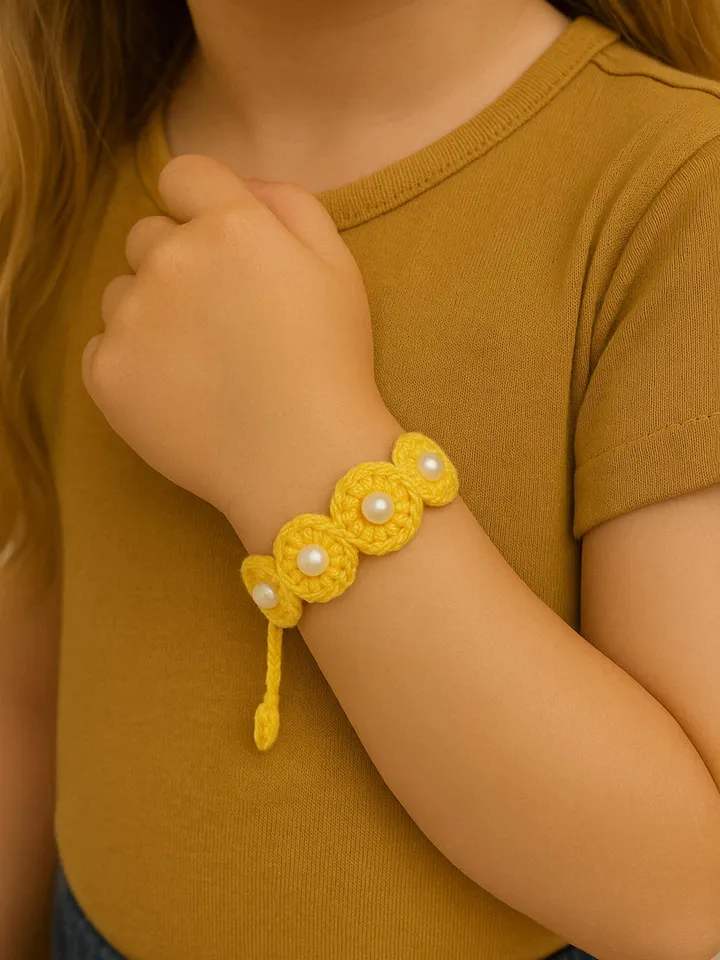 Crochet Flower Bracelet & Hair Tie, Round Boho Style Pearl Beaded Wristband, Handmade Crochet Fashion Jewelry Gift
