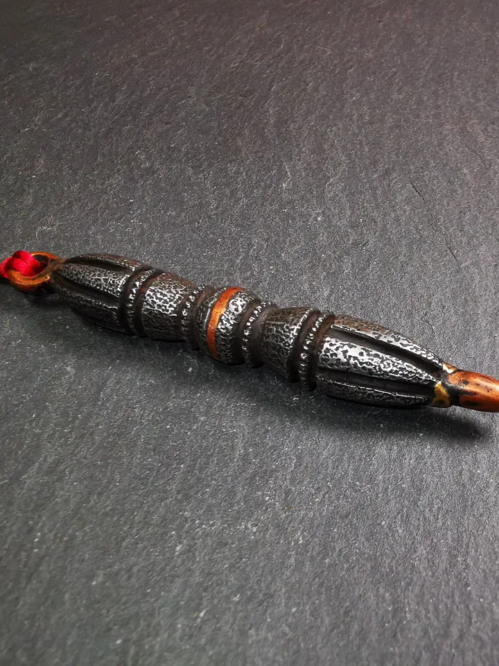 Gandhanra Vintage Tibetan Buddhist Amulet,Nine-pronged Dorje Vajra Pendant,Made of Cold Iron,inlaid Copper Wire,3.5"
