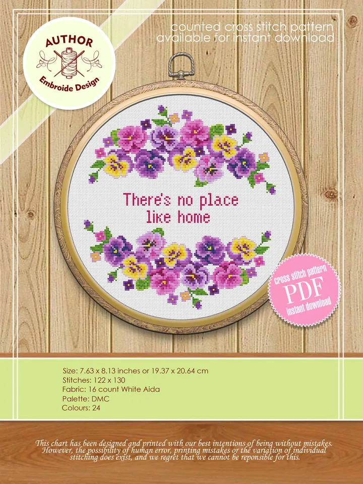 Quote cross stitch flowers violets Theres no place like home PDF pattern modern, Cross stitch flower violets pattern needlepoint