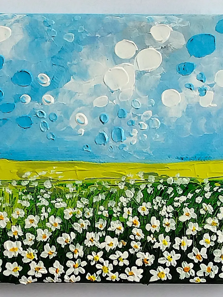 Daisies small painting Textured landscape art Mini artwork