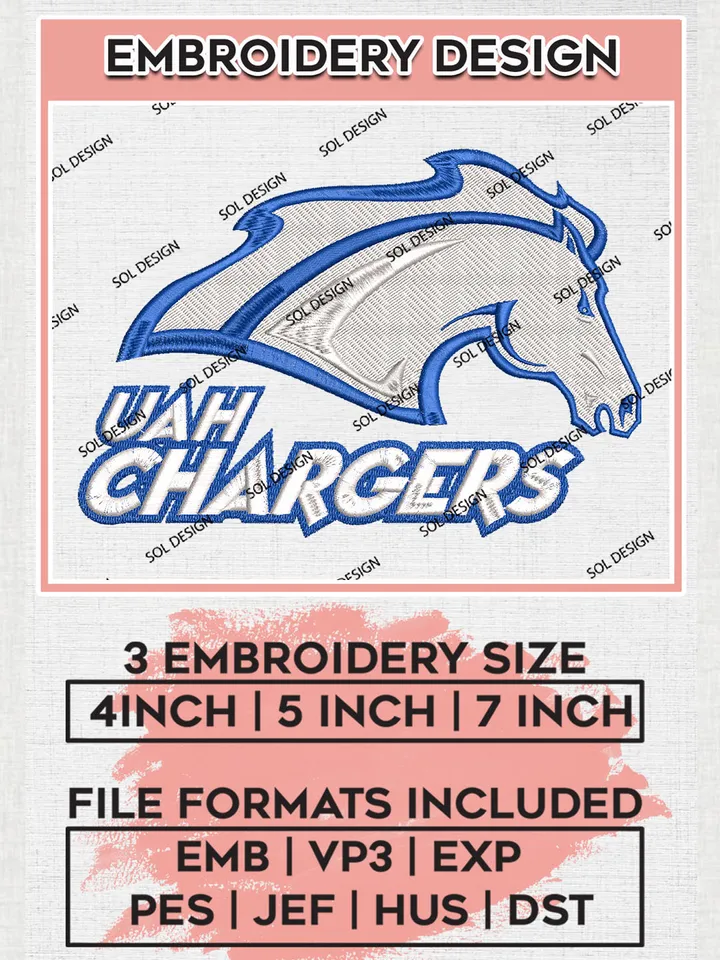 NCAA UAH Chargers Team Logo Embroidery Design Files, NCAA Alabama Huntsville Chargers Machine Embroidery, NCAA Teams, 3 sizes, NCAA Machine embroidery designs, Digital Download