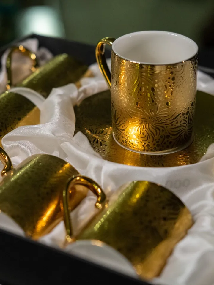Gold Colour Porcelain Tea Cups and Saucers | Tea Cups Saucers Set | Porcelain Set | Elegant Teaware | Gift For Tea Lovers, Gift For Her