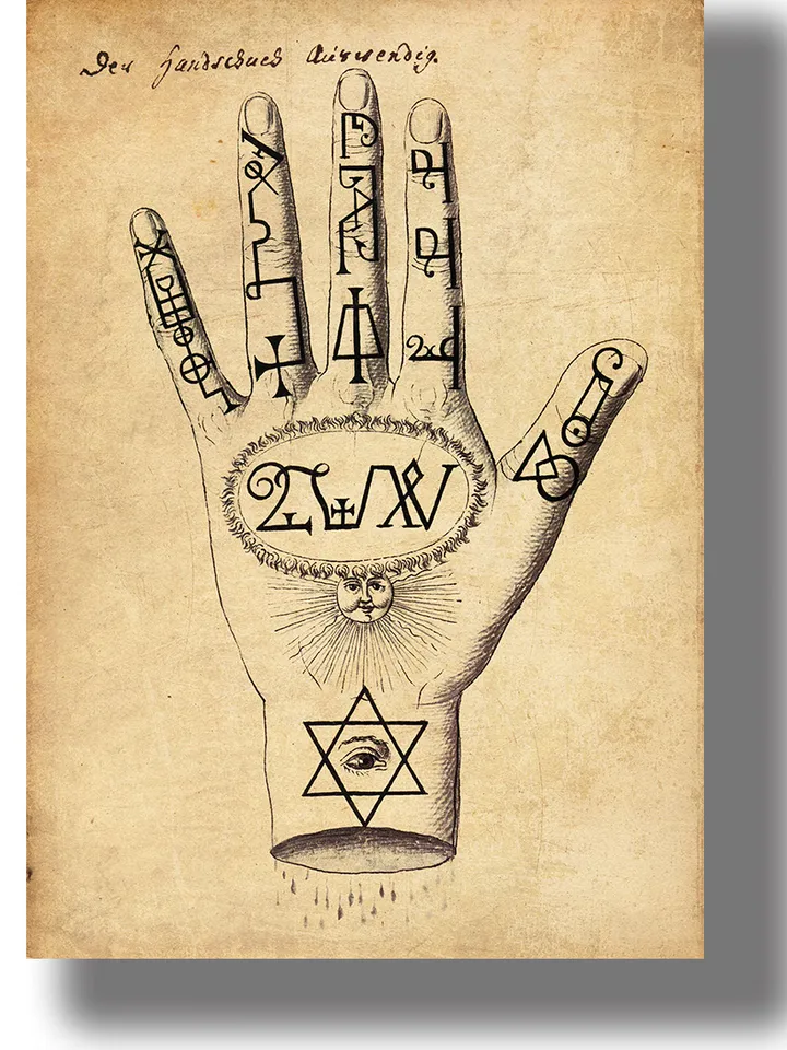 A hand covered in Kabbalistic signs and sigils from the Compendium Rarissimum.