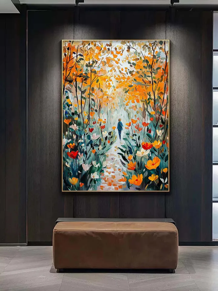 Impasto Autumn Forest Path Oil Painting on Canvas, Woman Walking in Woods, Textured 3D Landscape Art, Nature Wall Art Decor,Fall Foliage Art