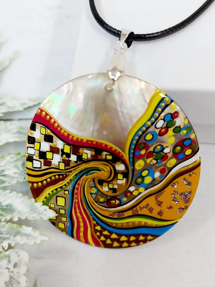 Pearl pendant necklace: Abstract Spiral painting in Klimt style on Graceful Handcrafted Pendant • Delicate handmade jewelry for bright girl