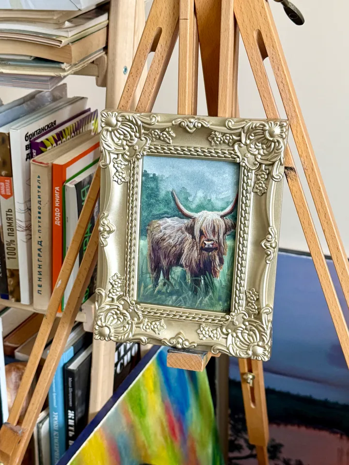 Framed Cow Gouache Painting Original Young Calf Art Framed Animals Decor Dark Cottagecore Art