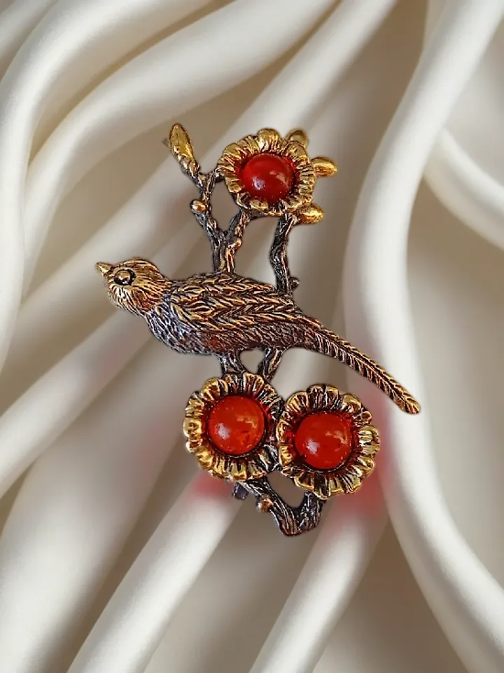 Bird on a branch with flowers Brooch Jewelry Nice gift for girl women Gold Red amber brooch Paradise Bird Brooch Summer jewelry Christmas small gift
