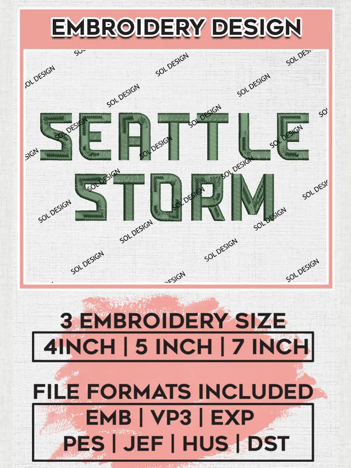 WNBA Seattle Storm Wordmark Logo Embroidery Files, WNBA Seattle Storm Team Embroidery Designs, WNBA Basketball Teams, 3 sizes, Machine embroidery designs, Digital Download