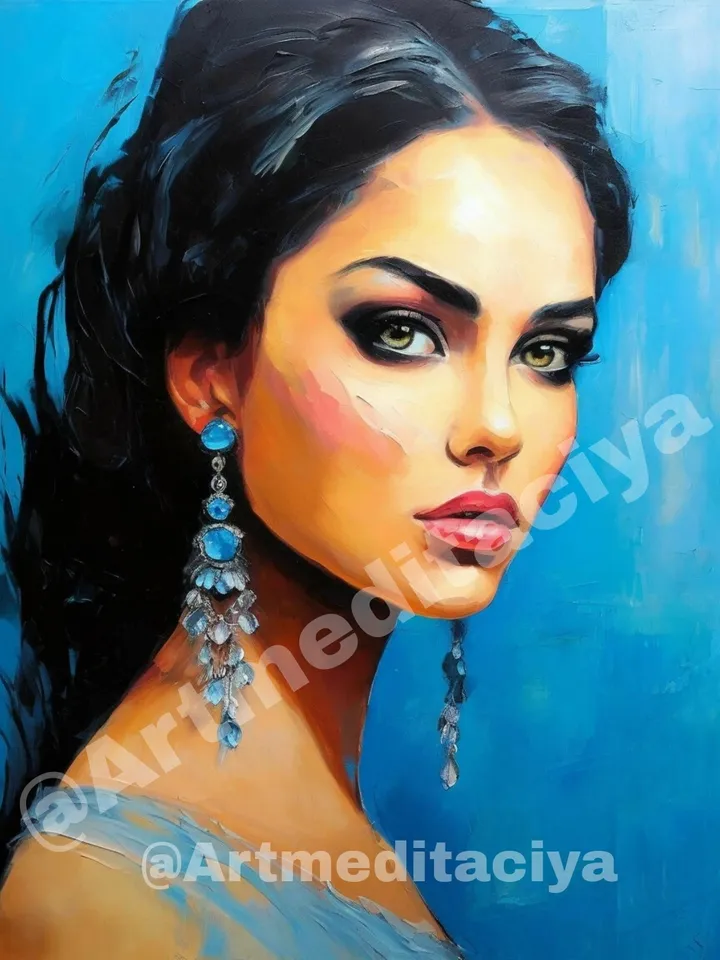 The digital abstract modern painting "Girl" in the style of oil painting on a blue background is a concise image of a beautiful brunette of European appearance with expressive green eyes and earrings with blue stones