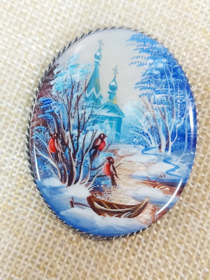 Mother-of-pearl Russian brooch "Russian Winter", Miniature hand-painted, Russian fine art jewelry, Аbalone shell. Russia gift for woman. Pin
