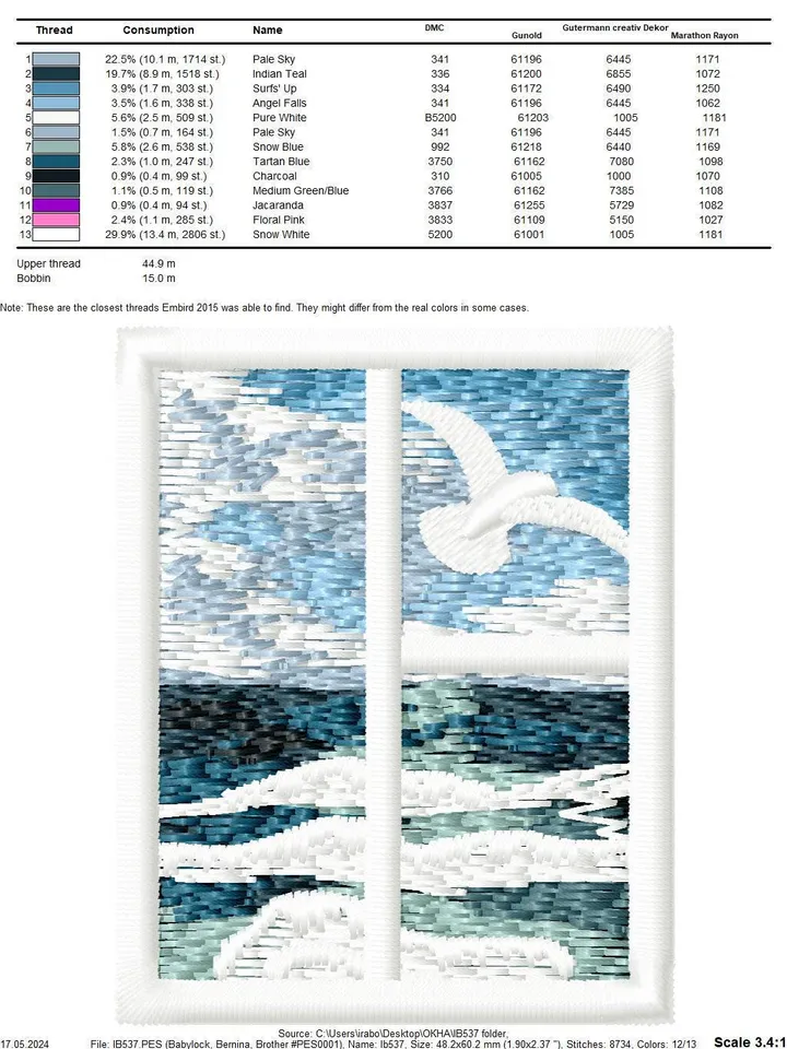 Machine embroidery design for art therapy: Brooch "Window with a sea view"