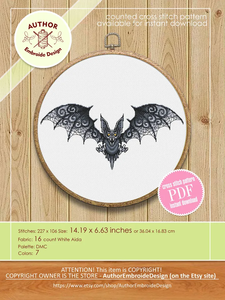 Gothic Bat cross stitch pattern download PDF Fantasy animal cross stitch chart, Vampire Bat ornament embroidery PDF, Blackwork patterns #D14