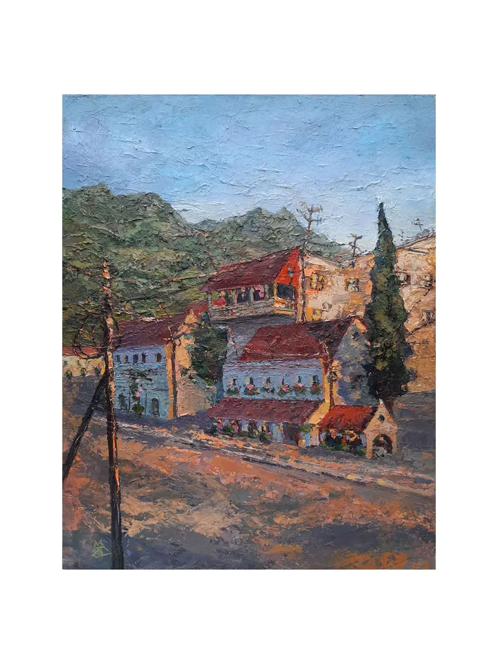 Cityscape Sunset Painting 14x11" ORIGINAL PAINTING Oil Impressionist Old Town Artwork Signed by artist Marina Chuchko