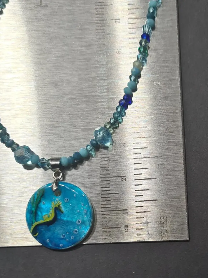 Seahorse necklace, surfer jewelry, sea wave miniature painting on pearl pendant
