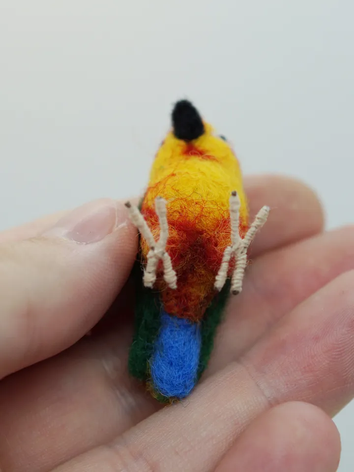 Miniature needle felted Jenday Conure, miniature parakeet, tiny parrot, made to order