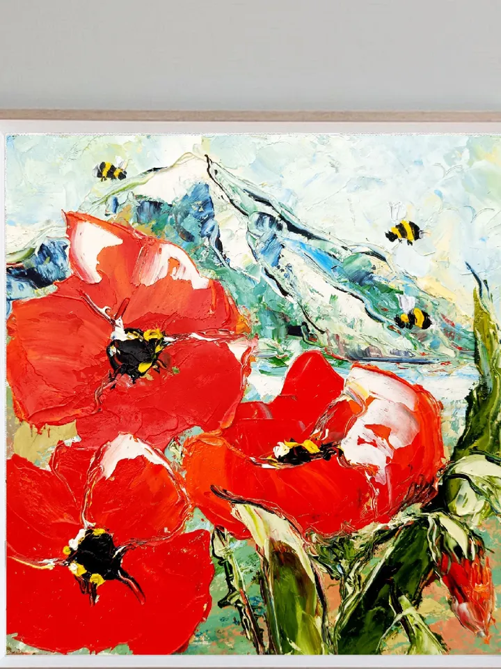 Poppy Painting Honeybee Original Art Impasto Oil Painting Floral Wall Art 8x8 by ArtProkopaloSv