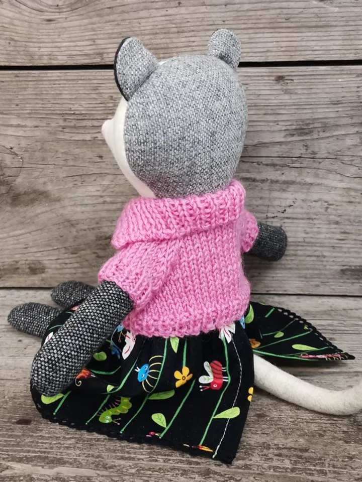 Gray possum girl, plush animal doll, wool stuffed opossum toy