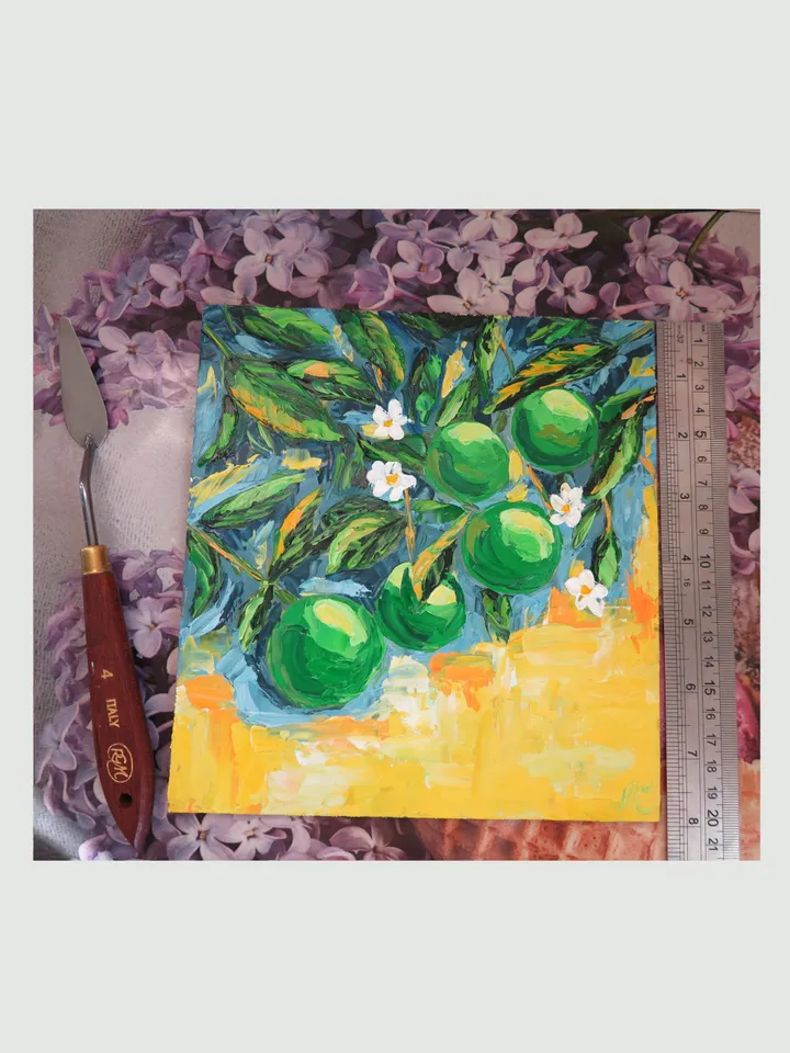 Original Oil Painting of a Green Lime - Stunning Palette Knife Artwork Showcasing Freshness and Texture Charming Miniature Art