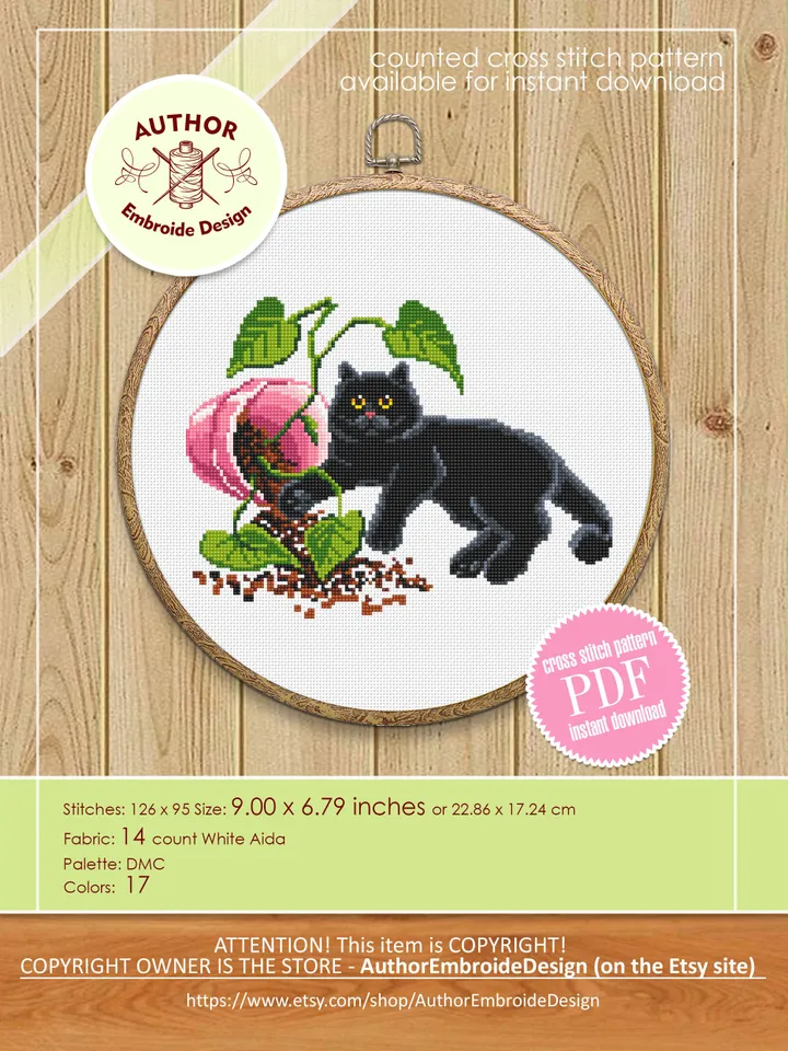 Black cat and plants cross stitch pattern PDF download Funny cat cross stitch chart, House plant pattern digital PDF, Cat lover gift #K46