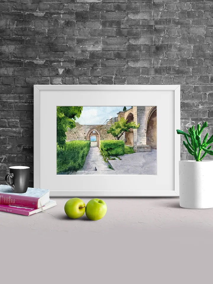Printables, Ruins of the old fortress, Watercolor digital file, Urban landscape, Views of Northern Cyprus, Large poster