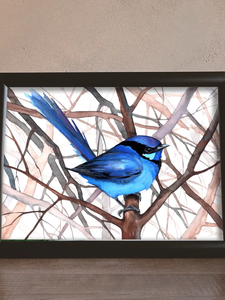 Blue fairy wren original watercolor, bird on the branch painting, bluebird portrait room decor, 8x11 in wall art for bird lovers handmade by Anne Gorywine