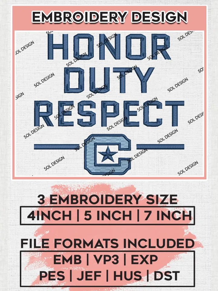 Honor Duty Respect Team Logo Embroidery Design Files, NCAA The Citadel Bulldogs Machine Embroidery, NCAA Teams, 3 sizes, NCAA Machine embroidery designs, Digital Download