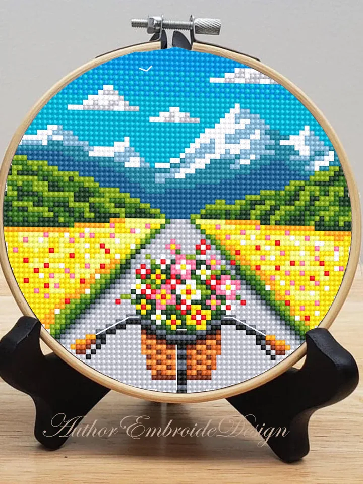 Bicycle with flowers cross stitch pattern PDF download Mountain landscape cross stitch chart Nature pattern digital, Flower basket bike #L13