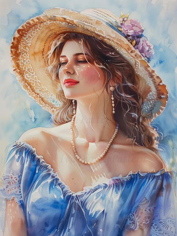 Digital illustration.French woman. Romantic girl with a hat. Digital painting. Wall decor in pastel colors. Parisienne. Instant download.