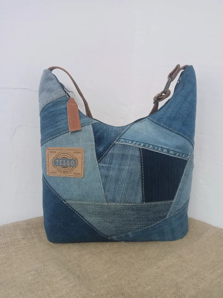 Comfortable Denim hobo bag, crossbody bag, gift for her, market bag, shabby  jeans, recycling jeans, hand bag, shoulder bag, shopping bag.