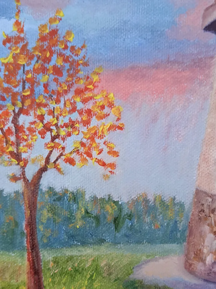 Painting rural landscape oil/canvas "Mill by the road"Painting to order.