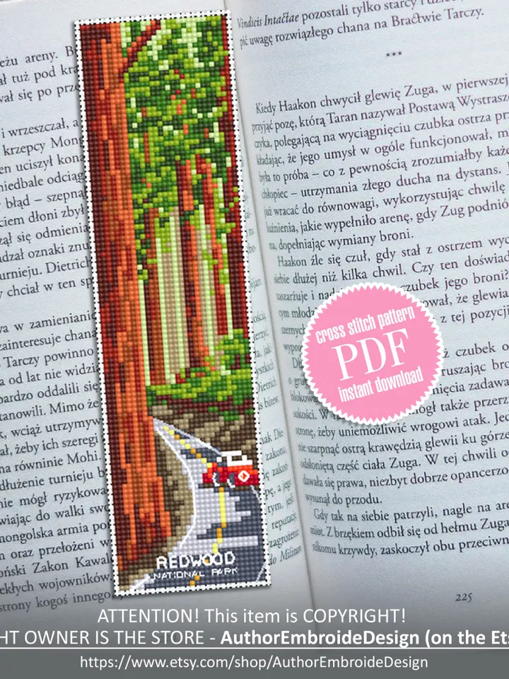 Redwood National park bookmark cross stitch pattern PDF download Nature cross stitch chart, Digital bookmark pattern, Road trip Forest #B171
