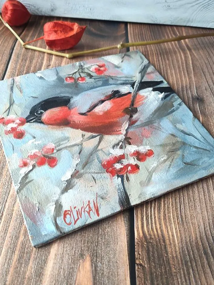 Bullfinch Painting 牛蛙 Original Art Bird Artwork Original Oil Painting