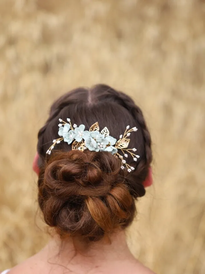 Light Blue Flowers Wedding Hair Comb, Floral Bridal Headband, Leaf Hair Comb, Hair Pins, Headpiece, Wedding Hair Accessories, Jewelry set