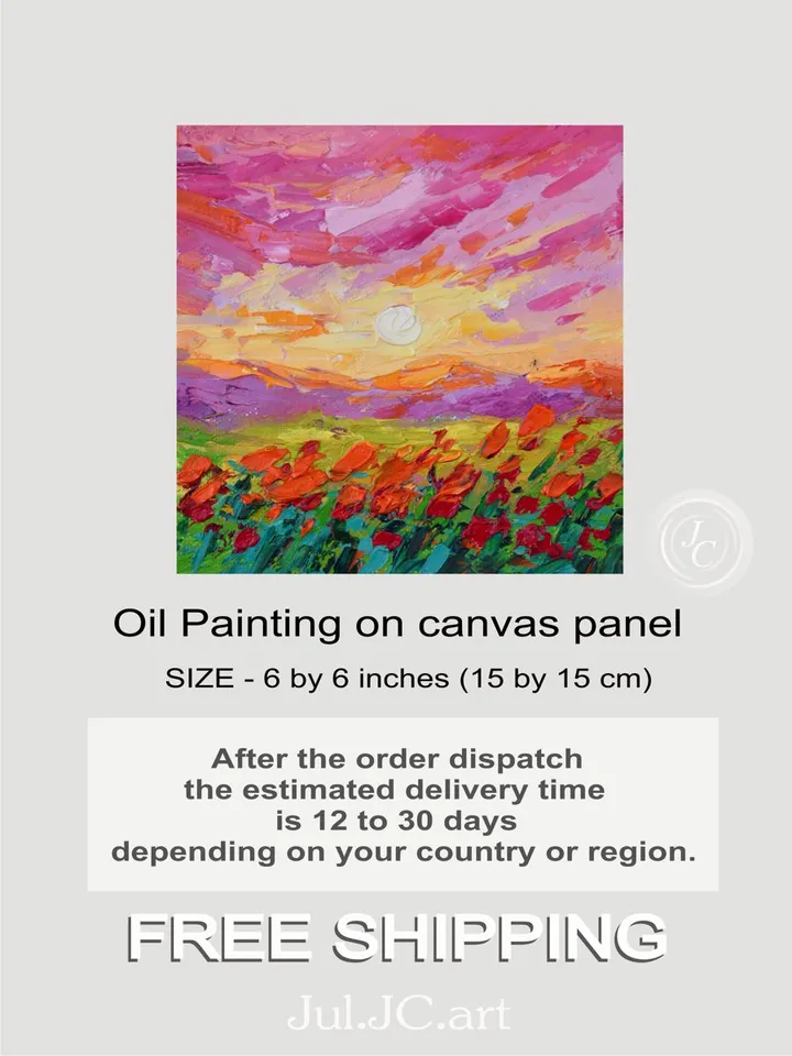 Tuscany art Sunset painting Poppy original art landscape artwork 6 by 6 in Mountain small art by Juliya JC