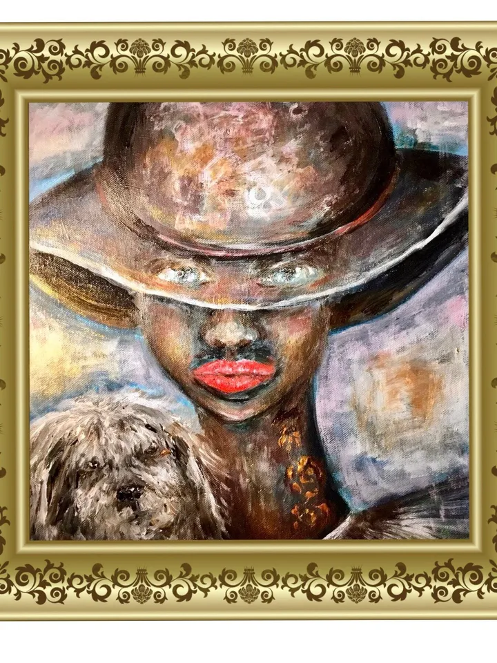 Fantasy woman in a hat with a small dog painting,original acrylic painting on canvas,home decoration wall art, unique gift.