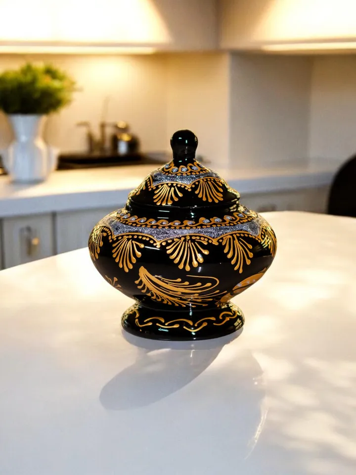 Hand-Painted Gold Accent Sugar Bowl with Lid