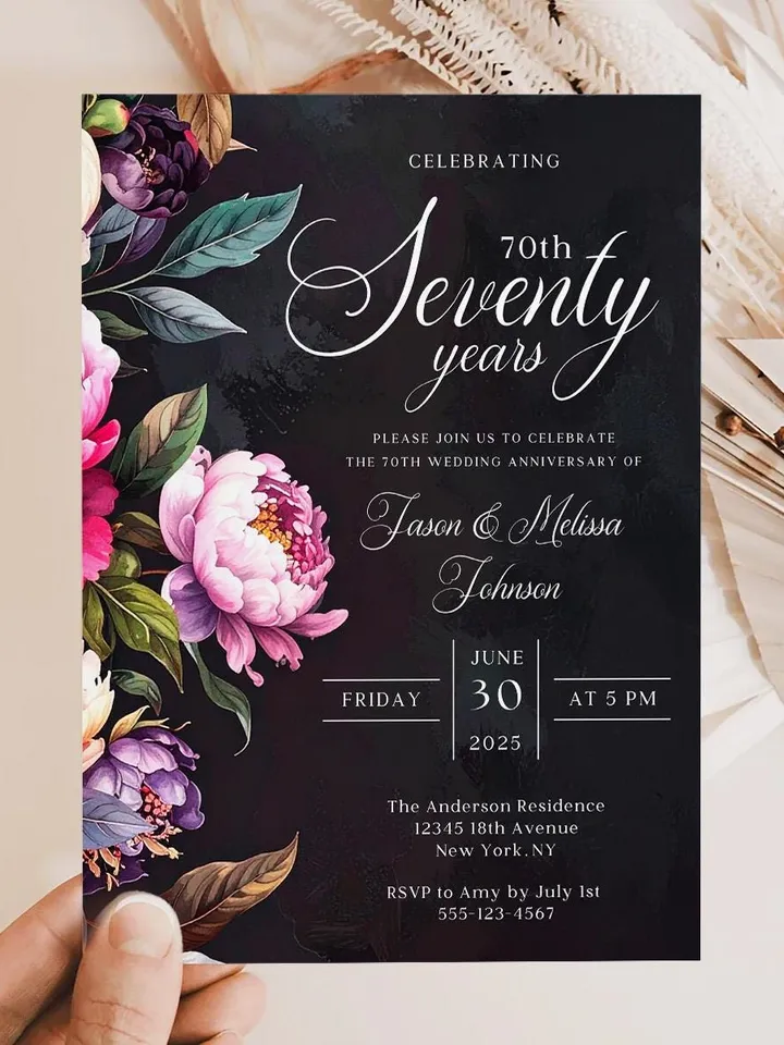 70th Anniversary Party Invitation, 60th, 50th, 40th, 30th, Moody Burgundy & Blush Peony Floral Canva Template 5x7 birthday evite