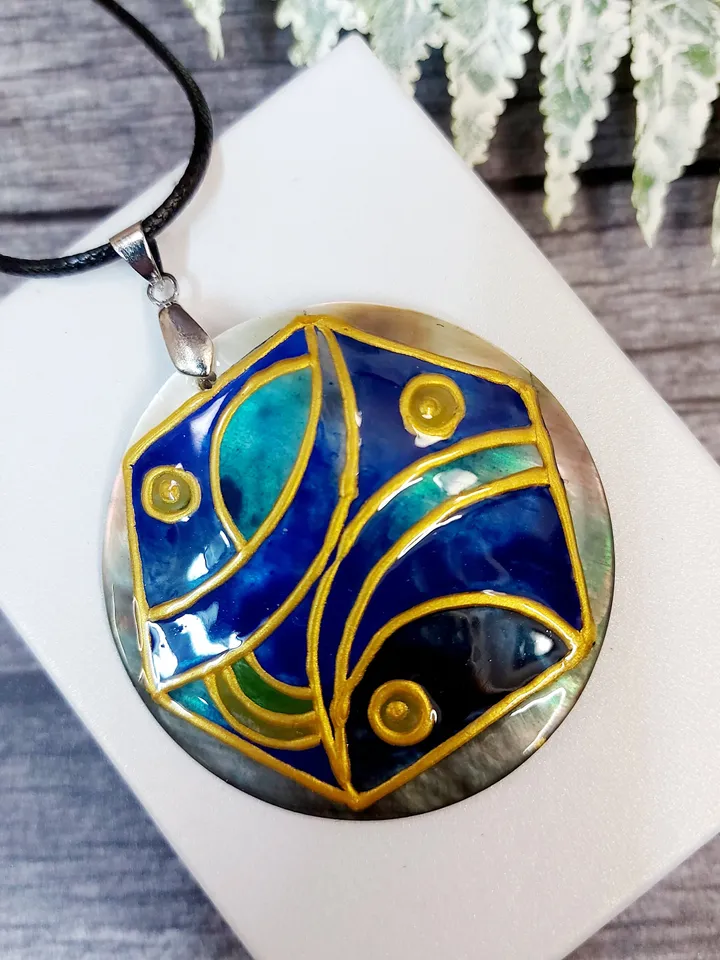 Pearl pendant necklace: Unique abstract necklace for women hand painted on mother of shell, Blue and gold painting on statement jewelry