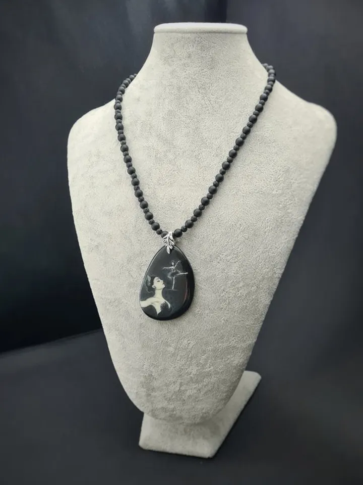 Necklace ballerina black swan Oil painting Miniature on agate One of a kind